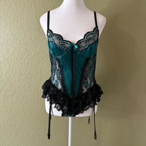Vintage Nan Flower M Teddy Bodysuit Lingerie Emerald Green Satin Black Lace